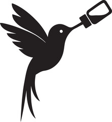 Hummingbird feeding from bottle silhouette, Small bird drinking black and white art