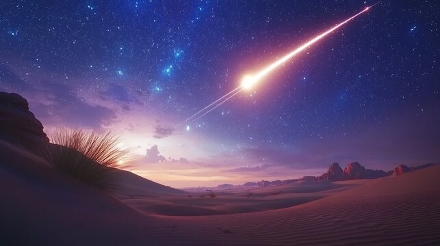 Glowing comet streaking across the night sky over a quiet desert cinematic cosmic event