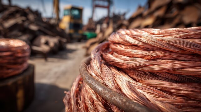 Twisted copper wire coils are prominently displayed in the foreground, while diverse scrap metal piles fill the background under clear blue skies, showcasing an active recycling environment - Powered by Adobe