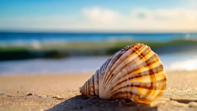 Close up of a sea shell on a golden sand beach with a calm ocean, waves, and a bright sun in the background on a summer day.