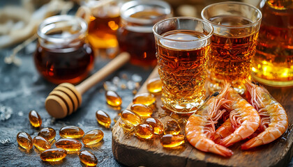 Fresh shrimp with honey, beer, and omega-3 capsules on dark surface with honey dipper and glass jars in background
