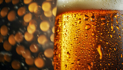 Close-up of a frosty glass of cold beer with condensation droplets and blurred warm bokeh lights in the background