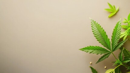 Obraz premium Green cannabis leaves arranged on a neutral background with seeds