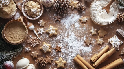 A rustic wooden table is adorned with ingredients and star-shaped cookies for making Christmas treats, creating a festive baking scene