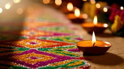 Diwali celebration with lit candles and colorful rangoli patterns, close up view.