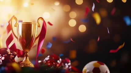 Exciting soccer tournament celebration with trophy and confetti in background