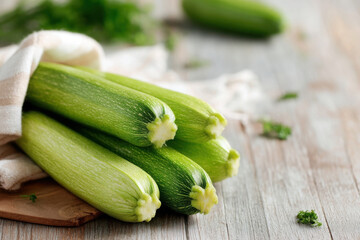 Fresh zucchini placed on a rustic wooden table among scattered herbs and kitchen utensils in a cozy home environment. concept of food advertising, background banner
copy space