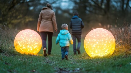 Family stroll through a glowing garden during twilight hours