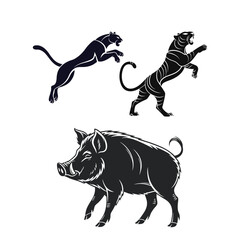 Obraz premium Dynamic Wildlife Silhouettes: Leaping Panther, Rearing Tiger, and Wild Boar