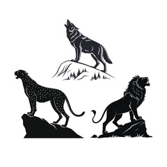 Obraz premium Dynamic Wildlife Silhouettes: Howling Wolf, Alert Cheetah, and Roaring Lion