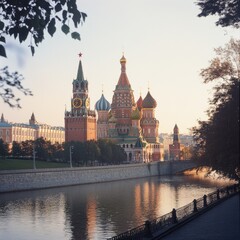 Fototapeta premium Majestic St. Basil's Cathedral at dawn, reflecting on a serene river