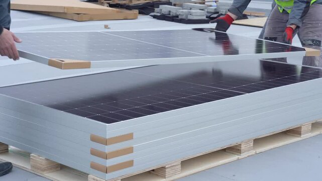 Workers lay solar panels and prepare materials before installation begins.