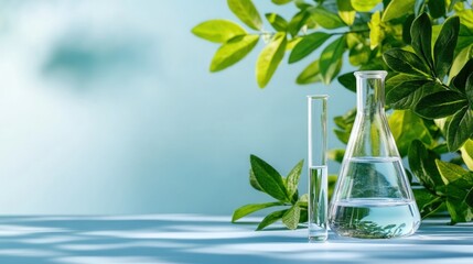 Laboratory glassware with green leaves science research and natural product development