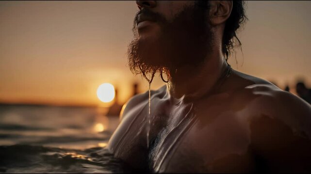 Man with beard immersed in water during baptismal ritual at sunset, surrounded by people expressing faith, spirituality in nature