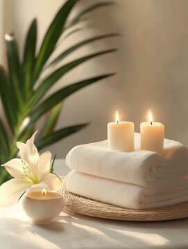 Conjunto de itens de spa com toalhas, velas e elementos decorativos em tons neutros, capturados com luz natural suave, criado com IA generativa.
