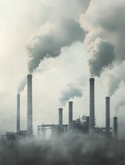 A large industrial factory releases thick smoke from multiple chimneys into the sky, highlighting environmental pollution and air quality concerns.