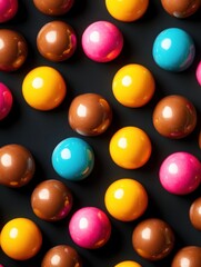colorful chocolate candy, delicious chocolate balls ob black background