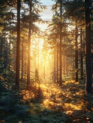 Sunset forest scene, golden hour, nature background