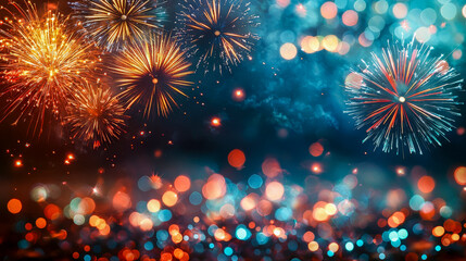 Colorful fireworks display with bokeh lights in the night sky