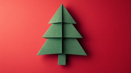 Fototapeta premium Creative paper craft of a green Christmas tree on red background