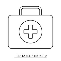 First aid kit icon in minimal line style with editable stroke. Medical box, emergency health symbol, healthcare element for safety visuals, treatment support, clinic interface and rescue design.