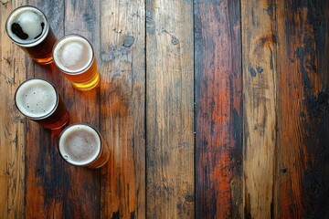 Fototapeta premium Top down view of four craft beer glasses with foam on aged multicolor wooden table, great for brewery ads, pub branding, tasting events, or seasonal beverage campaigns
