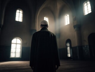 Naklejka premium a muslim man seen from behind, wearing a long dark robe, standing inside a vast mosque