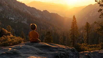 Child meditates on mountaintop at golden sunset