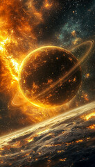 Stunning depiction of a fiery celestial planet with glowing rings in space, illuminated by a massive sun and cosmic dust nebula