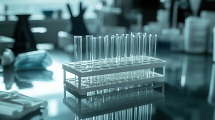 Sterile test tubes ready for innovative medical research in a brightly lit laboratory with teal