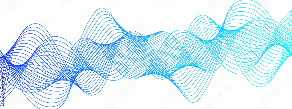 Poster Abstract digital background with smooth, overlapping waveforms made of thin, translucent blue and cyan lines. Lines curve in fluid, harmonic motions with modern, minimalistic, and futuristic visual