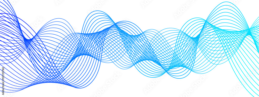 Poster Abstract digital background with smooth, overlapping waveforms made of thin, translucent blue and cyan lines. Lines curve in fluid, harmonic motions with modern, minimalistic, and futuristic visual