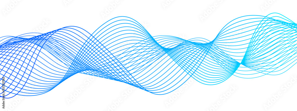 Poster Abstract digital background with smooth, overlapping waveforms made of thin, translucent blue and cyan lines. Lines curve in fluid, harmonic motions with modern, minimalistic, and futuristic visual