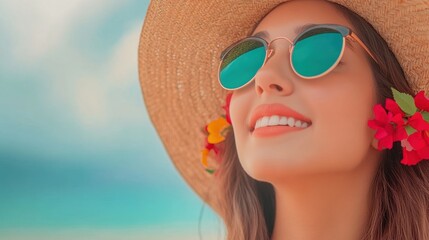 Smiling woman in stylish hat and sunglasses on sunny beach day