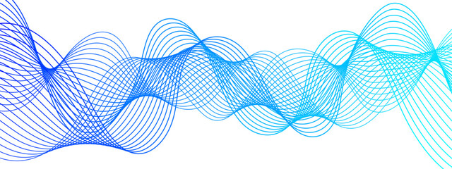 Abstract digital background with smooth, overlapping waveforms made of thin, translucent blue and cyan lines. Lines curve in fluid, harmonic motions with modern, minimalistic, and futuristic visual