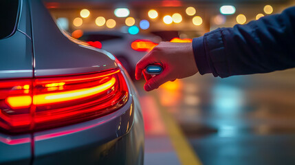Person unlocking modern gray car with key fob at night in parking lot
