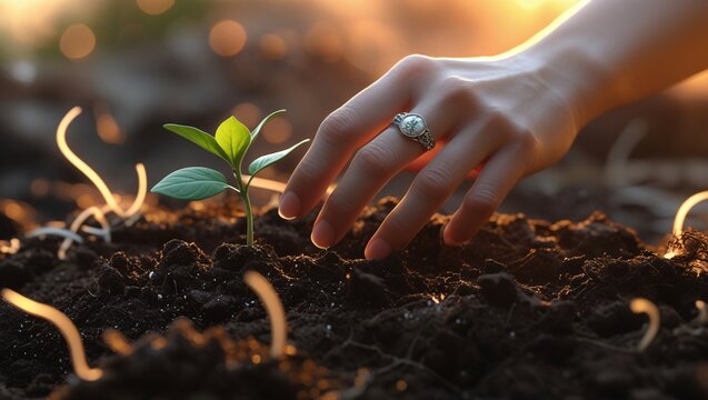 Hand gently nurturing a delicate sprout in rich soil at sunset