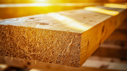 Close-up of a wooden plank with textured wood grain and rough edges in a woodworking shop