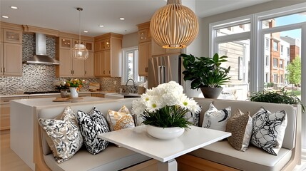 Built in dining nook with flowers high resolution photo