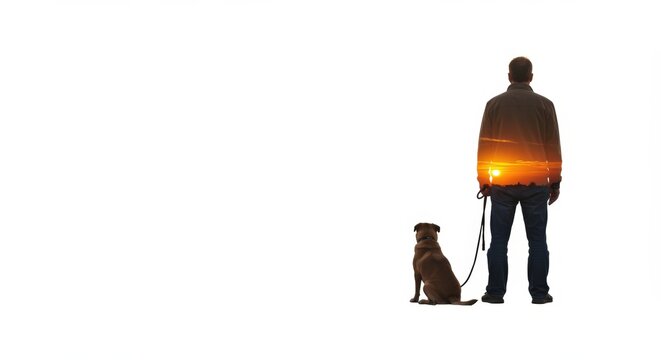 Man and dog watching sunset. Abstract double exposure concept of outdoor adventure and pet companionship.