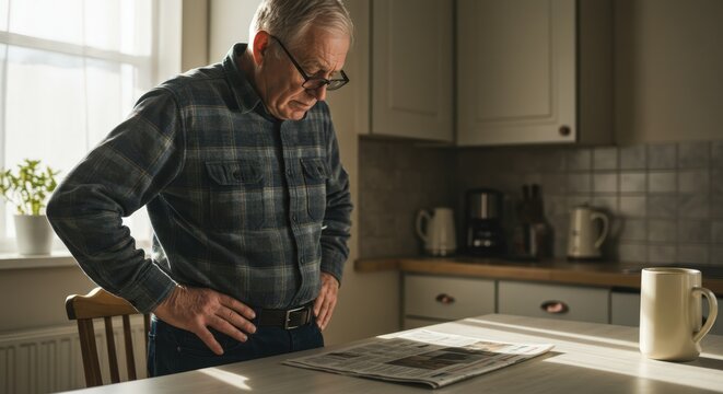 Older man looking down at newspaper, frustrated by negative news. Concept of depression, stress, and anxiety in daily life. - Powered by Adobe