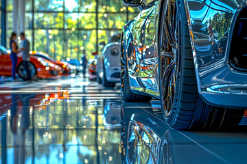 Luxury sports cars on display in a modern showroom with reflective flooring and large glass windows