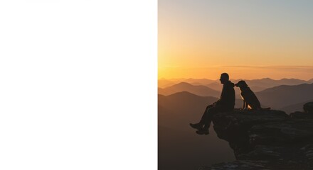 Man and a dog sitting on a cliff rock, enjoying stunning mountain sunset view. Outdoors adventure and friendship concept image.