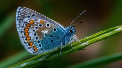 Obraz premium A vibrant blue butterfly with distinctive orange spots rests delicately on a slender green grass blade in a sunny garden. The scene captures the beauty of nature in springtime
