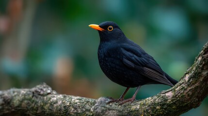A blackbird with a striking orange beak stands on a branch, surrounded by vivid greenery in a serene garden. Sunlight filters through leaves, enhancing its beauty