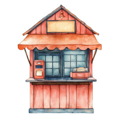 A quaint, red wooden kiosk with a small window, an awning, a mailbox, and a display box on the counter, featuring a blank signage board and a small bell above.