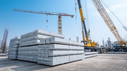 Large concrete blocks are stacked at a busy construction site featuring multiple cranes and heavy machinery under a clear blue sky in broad daylight