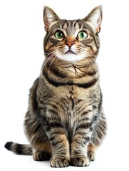 Obraz premium A brown tabby cat sitting upright with alert green eyes, isolated on a white background
