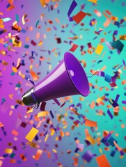 Megaphone announces a burst of confetti colorful celebration a vibrant explosion of joy and news colorful fragments float in mid air event promotion