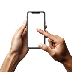 Hands Holding Smartphone with Blank Screen on Transparent Background